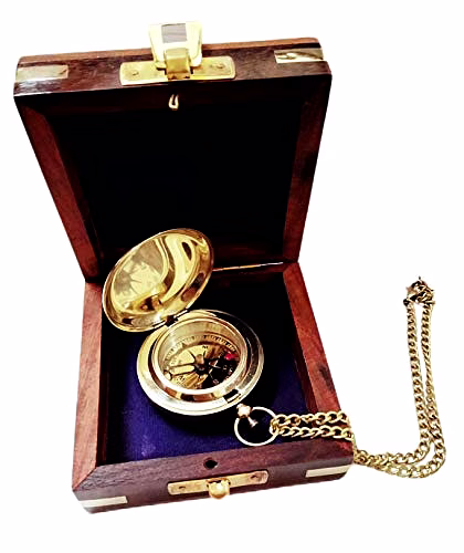 Ascent Gifts Brass Push Button Lid Compass Chain with Wooden Box Collectible Gift image 2
