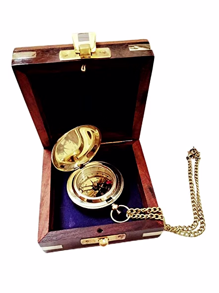 Ascent Gifts Brass Push Button Lid Compass Chain with Wooden Box Collectible Gift-1