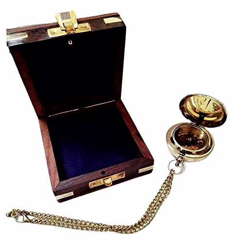 Ascent Gifts Brass Push Button Lid Compass Chain with Wooden Box Collectible Gift image 3