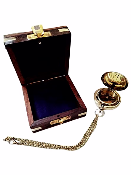 Ascent Gifts Brass Push Button Lid Compass Chain with Wooden Box Collectible Gift-2
