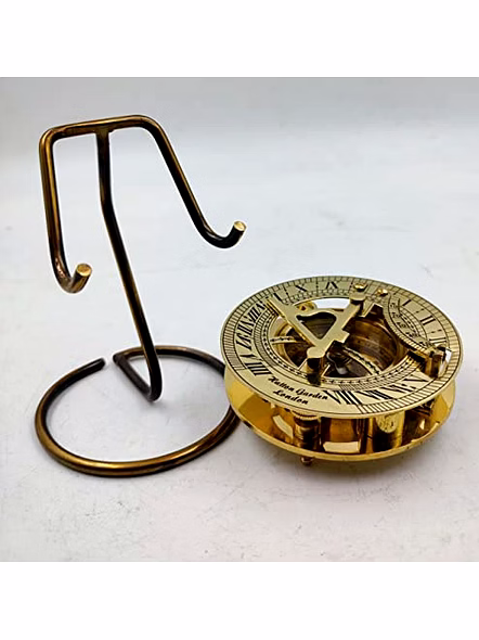 Brass Round Sundial Compass Triangle Shape Shinny Finish with Display Stand Collectible Gift-2