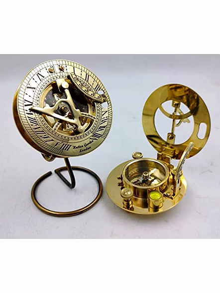 Brass Round Sundial Compass Triangle Shape Shinny Finish with Display Stand Collectible Gift-3