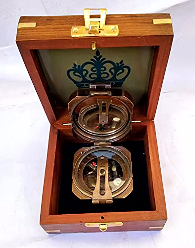 Ascent Gifts Antique Finish Brass Brunton Compass Square with Wooden Box Collectible Gift image 2