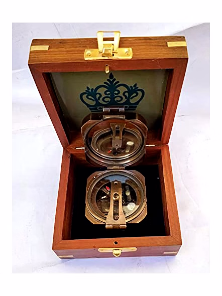 Ascent Gifts Antique Finish Brass Brunton Compass Square with Wooden Box Collectible Gift-1