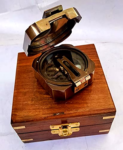 Ascent Gifts Antique Finish Brass Brunton Compass Square with Wooden Box Collectible Gift image 3