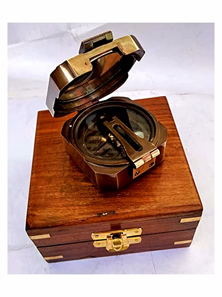 Ascent Gifts Antique Finish Brass Brunton Compass Square with Wooden Box Collectible Gift-2