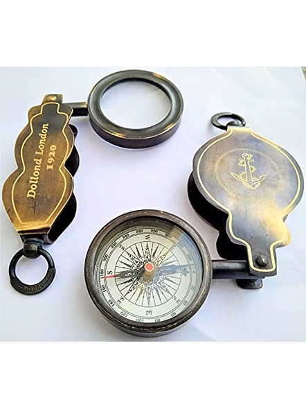 Ascent Gifts Qarzun Set of Brass Flip Out Compass and Magnifier Vintage Maritime Gift Item-1
