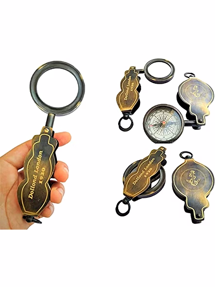 Ascent Gifts Qarzun Set of Brass Flip Out Compass and Magnifier Vintage Maritime Gift Item-3
