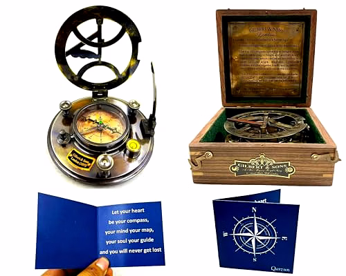 qarzun brass nautical - 5 inches large sundial compass in rosewood case top grade calibrated and compass greeting included vintage gift