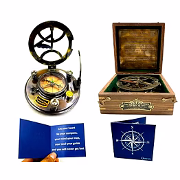 qarzun brass nautical - 5 inches large sundial compass in rosewood case top grade calibrated and compass greeting included vintage gift