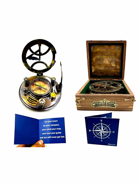 Brass Nautical - 5 inches Large Sundial Compass in Rosewood Case Top Grade Calibrated and Compass Greeting Included Vintage Gift-Qarzun1258