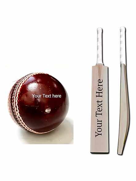 Personalized Leather Ball (Red) with Cricket bat Full Size, Standard Size Your Text on Ball and bat-Qarzun1259