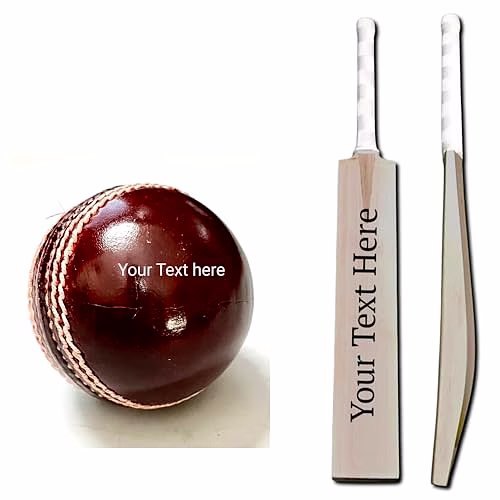 Personalized Leather Ball (Red) with Cricket bat Full Size, Standard Size Your Text on Ball and bat image 4