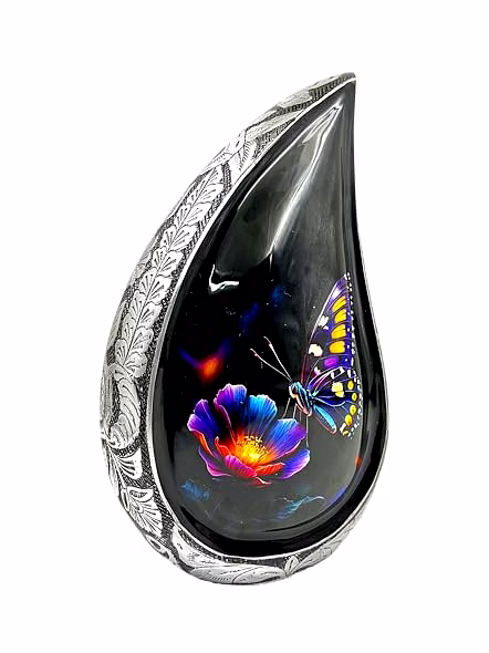 Teardrop Urn, Funeral Cremation Urns for Human Ashes Adult Man, Silver Engraving Urns for Ashes Adult for Male & Women, Black and Silver with Velvet Bag -Large Decorative Urn