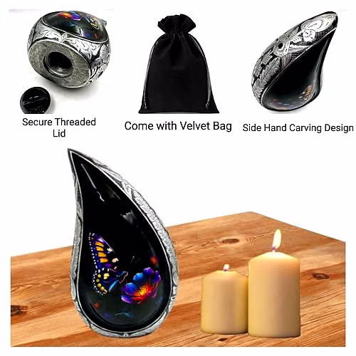 Teardrop Urn, Funeral Cremation Urns for Human Ashes Adult Man, Silver Engraving Urns for Ashes Adult for Male & Women, Black and Silver with Velvet Bag -Large Decorative Urn image 2