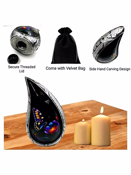 Teardrop Urn, Funeral Cremation Urns for Human Ashes Adult Man, Silver Engraving Urns for Ashes Adult for Male &amp; Women, Black and Silver with Velvet Bag -Large Decorative Urn