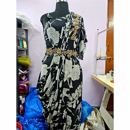 wander printed black crepe drape gown 1002