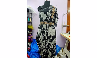 Printed Black crepe drape gown 1002