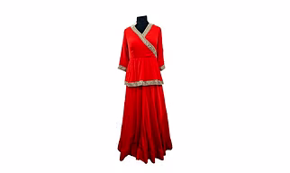Red Chinon pleated top and long skirt 1058