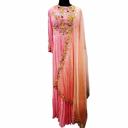 wander pink embroidered georgette pleated long dress 1060