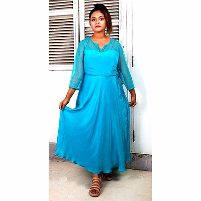 wander blue crepe long dress with noodle strap 1083