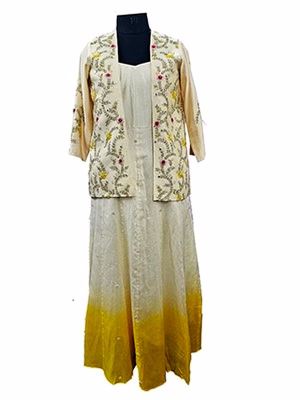 wander beige coloured chanderi long dress 1086