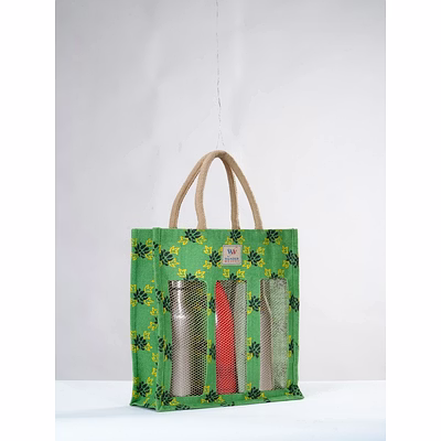 wander jute wine cum soft drinks bottle bag ( 3 bottle / printed /unisex ) 1110