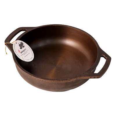 aarogyam cast iron round flat base loha kadai, double handle, pre-seasoned 11 inch diameter (28 cm), naturally non-stick, toxin-free, gas & induction compatible, weight- 3.6 kg