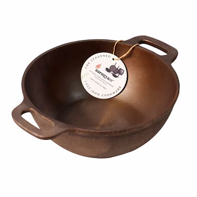aarogyam cast iron double handle round loha kadai 10 inch diameter (25 cm), pre-seasoned, naturally non-stick & toxin-free, gas & induction compatible- perfect for deep frying, weight -2.5 kg