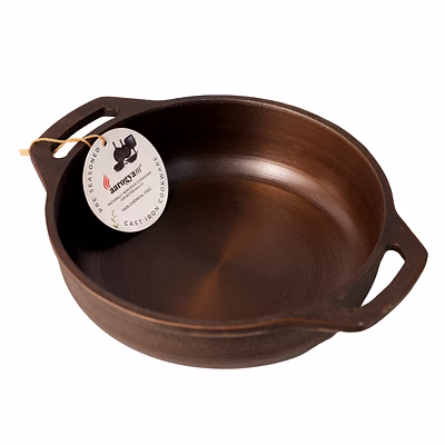 aarogyam cast iron round flat base loha kadai, double handle, pre-seasoned 10 inch diameter (25 cm), naturally non-stick, toxin-free, gas & induction compatible, weight- 2.6 kg