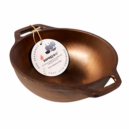 aarogyam cast iron double handle round loha kadai 8 inch diameter (20 cm), pre-seasoned, naturally non-stick, toxin-free, compatible with gas stove- perfect for cooking & deep frying, weight : 1.7 kg