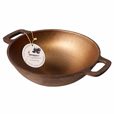 aarogyam cast iron double handle round loha kadai 11 inch diameter (28 cm) pre-seasoned, naturally non-stick, toxin-free, compatible with gas stove- perfect for deep frying, weight -2.6 kg