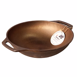 aarogyam cast iron double handle round loha kadai, 12 inch diameter (30 cm) cast iron, pre seasoned, naturally non-stick, toxin-free, compatible with gas stove- perfect for deep frying, weight - 3.4 kg