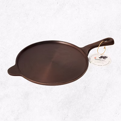 aarogyam cast iron roti /chapati tawa with long handle 10 inch (25 cm) | pre-seasoned | non-toxic | naturally non-stick | 1.9kg, smooth finish | compatible with gas stove - perfect for crispy parathas and rotis!