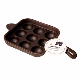 aarogyam cast iron paniyaram pan 9 cavity , handle with ring at bottom for support, pre-seasoned 7 inch diameter (17cm), naturally non-stick, toxin-free, gas & induction compatible, weight- 2.5 kg
