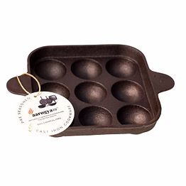 aarogyam cast iron paniyaram pan 9 cavity , pre-seasoned 7 inch diameter (17cm), naturally non-stick, toxin-free, gas & induction compatible, weight- 1.4 kg