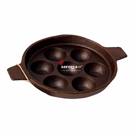 aarogyam cast iron paniyaram pan 7 cavity , with ring at bottom for support, pre-seasoned 7.5 inch diameter (19cm), naturally non-stick, toxin-free, gas & induction compatible, weight- 1.5 kg