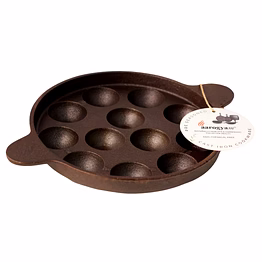 aarogyam cast iron paniyaram pan 12 cavity , with ring at bottom for support, pre-seasoned 8.2 inch diameter (22cm), naturally non-stick, toxin-free, gas & induction compatible, weight- 1.8 kg