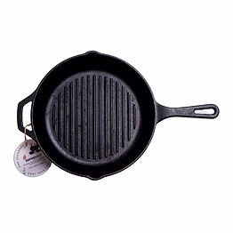 aarogyam cast iron round grill pan with handle, pre-seasoned 10 inch diameter (25cm), naturally non-stick, toxin-free, gas & induction compatible, weight- 2.6 kg