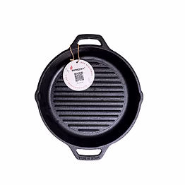 aarogyam cast iron round grill pan with double short handle handle, pre-seasoned 10 inch diameter (25cm), naturally non-stick, toxin-free, gas & induction compatible, weight- 2.5 kg