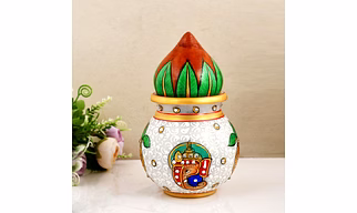 Handcrafted Marble Kalash for Pooja with Decorative Nariya Pot for Hindu Rituals, Festivals & Home Temple (4x6 Inch)