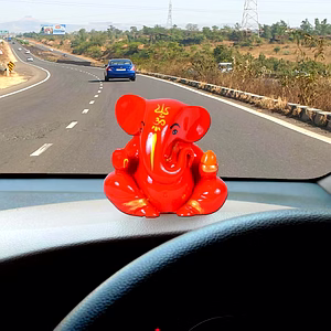 Polyresin Orange Ganesha Idol for Car Dashboard, Mini Ganpati Murti for Home and Office Décor