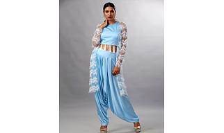Fusion Light Blue Cowl Pants Crop Top Set