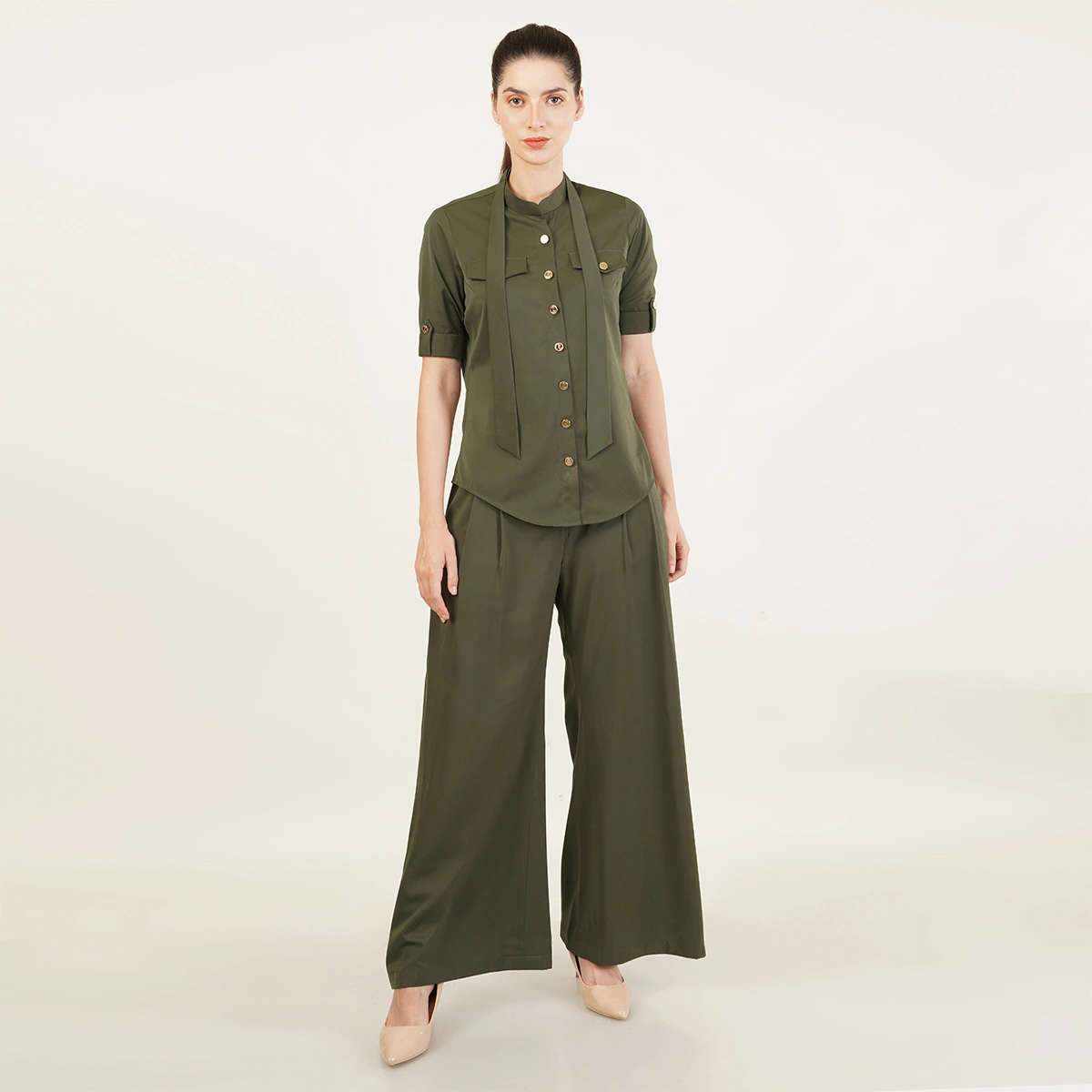 Olive Green Coordinate Set Wide-Leg Trouser &amp; Tie-Neck Blouse-S-8