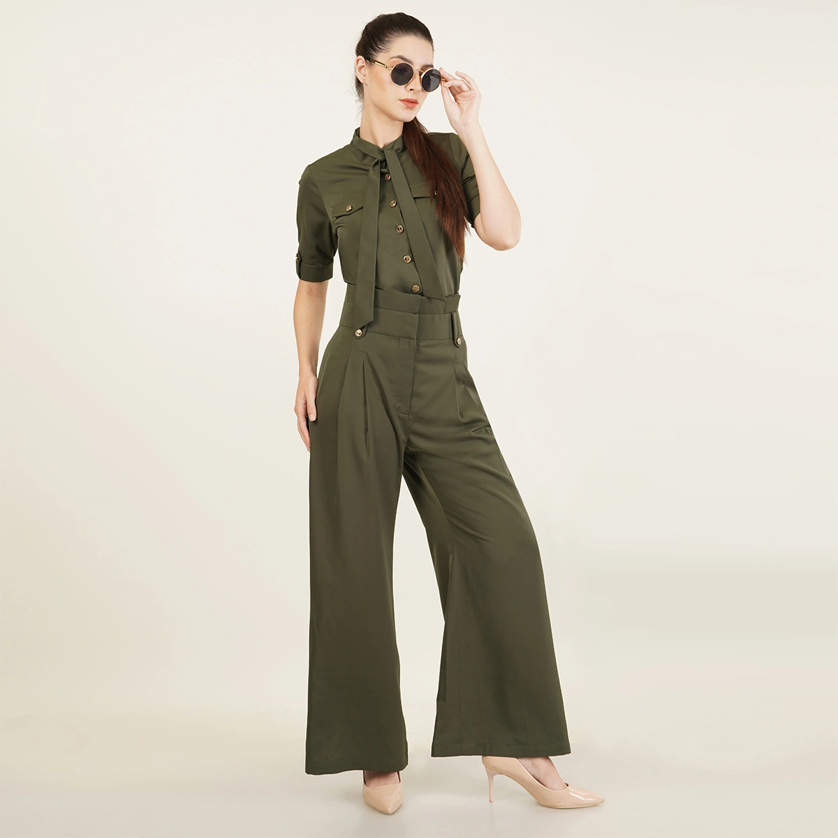 Olive Green Coordinate Set Wide-Leg Trouser &amp; Tie-Neck Blouse-WLTSCSOG-S