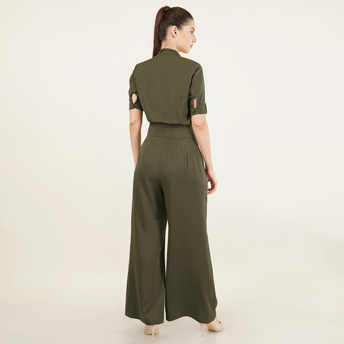 Olive Green Coordinate Set Wide-Leg Trouser &amp; Tie-Neck Blouse-S-3