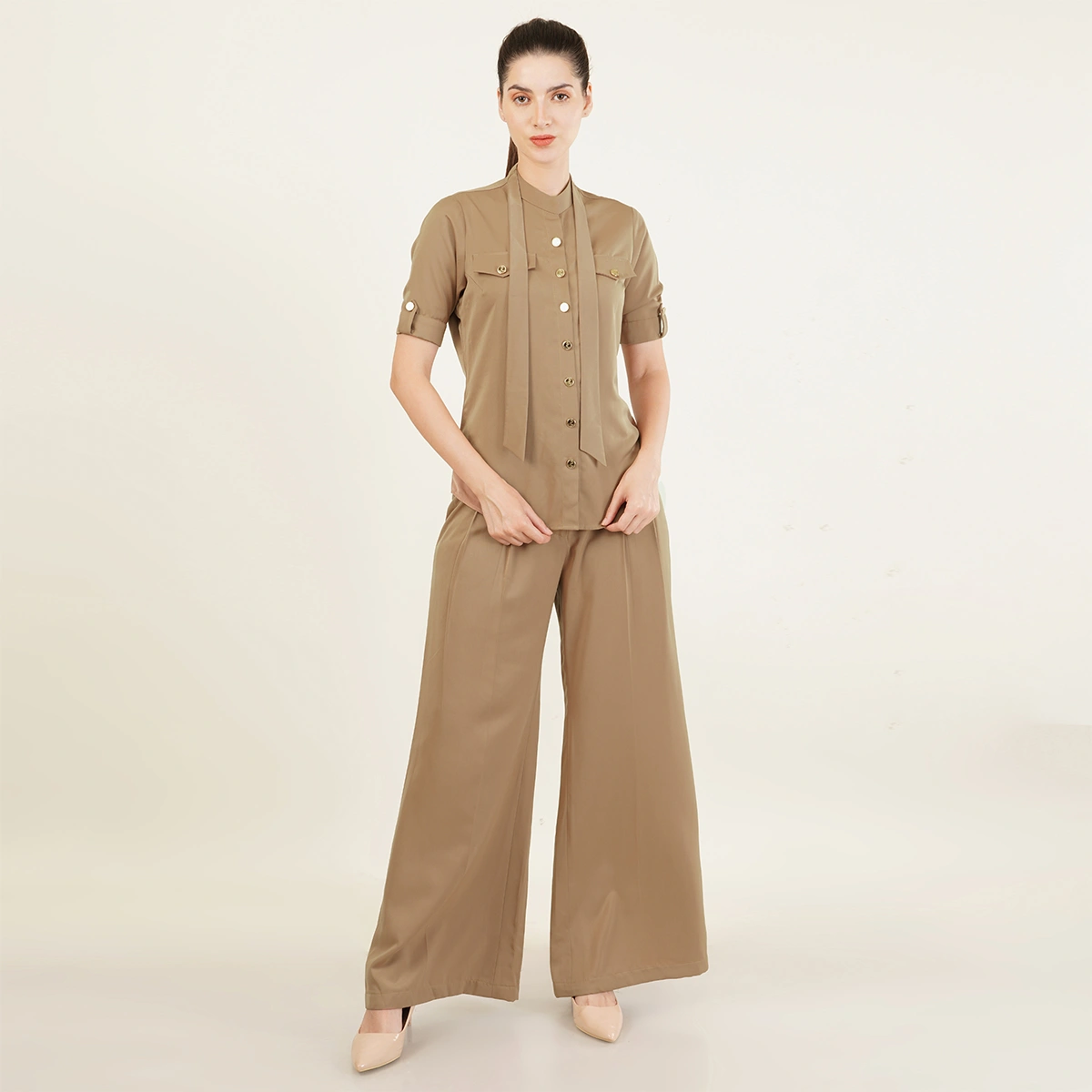 Beige Coordinate Set Wide-Leg Trouser &amp; Tie-Neck Blouse-S-10