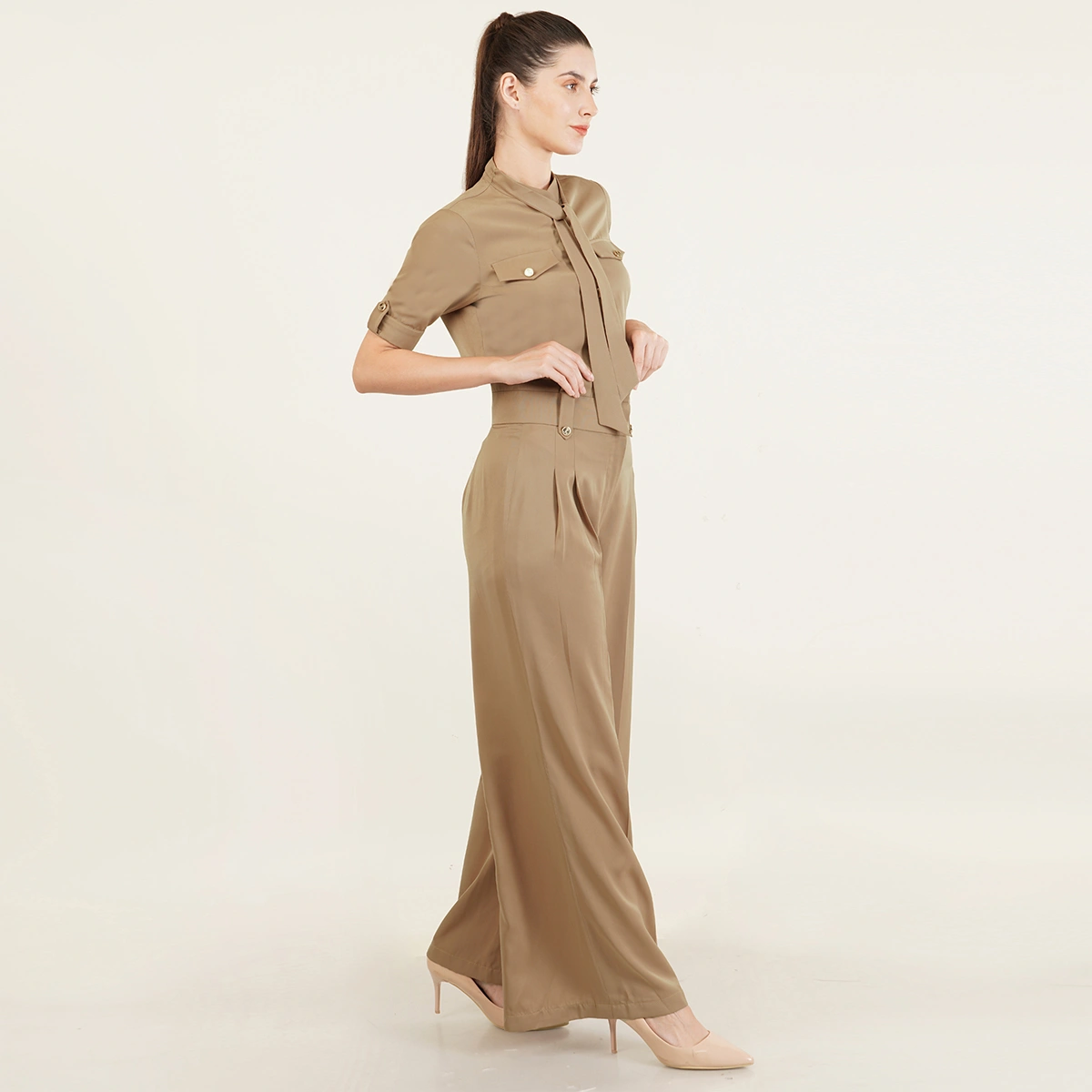 Beige Coordinate Set Wide-Leg Trouser &amp; Tie-Neck Blouse-S-2