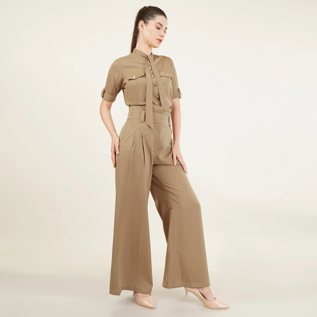 Beige Coordinate Set Wide-Leg Trouser &amp; Tie-Neck Blouse-WLTSCSB-S