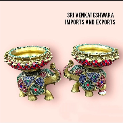 Elephant Urli Stone Work Brass Pair Weight 7kg Pair Height 8’inch Width 8.5’inch-12430440